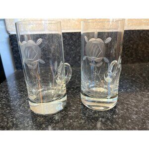 Vtg Pair 4 1/2" Glasses With Handles MCM Etched Rose Floral Pattern Wine Liqueur